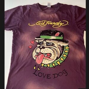 ED HARDY Tshirt Large King Bulldog Junkyard Dog Purple Grunge